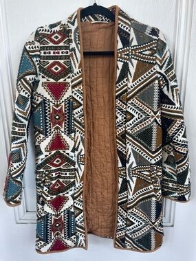 Mango Casual Quilted Jacket with Aztec Print Trim - Black, Brown, Green, White